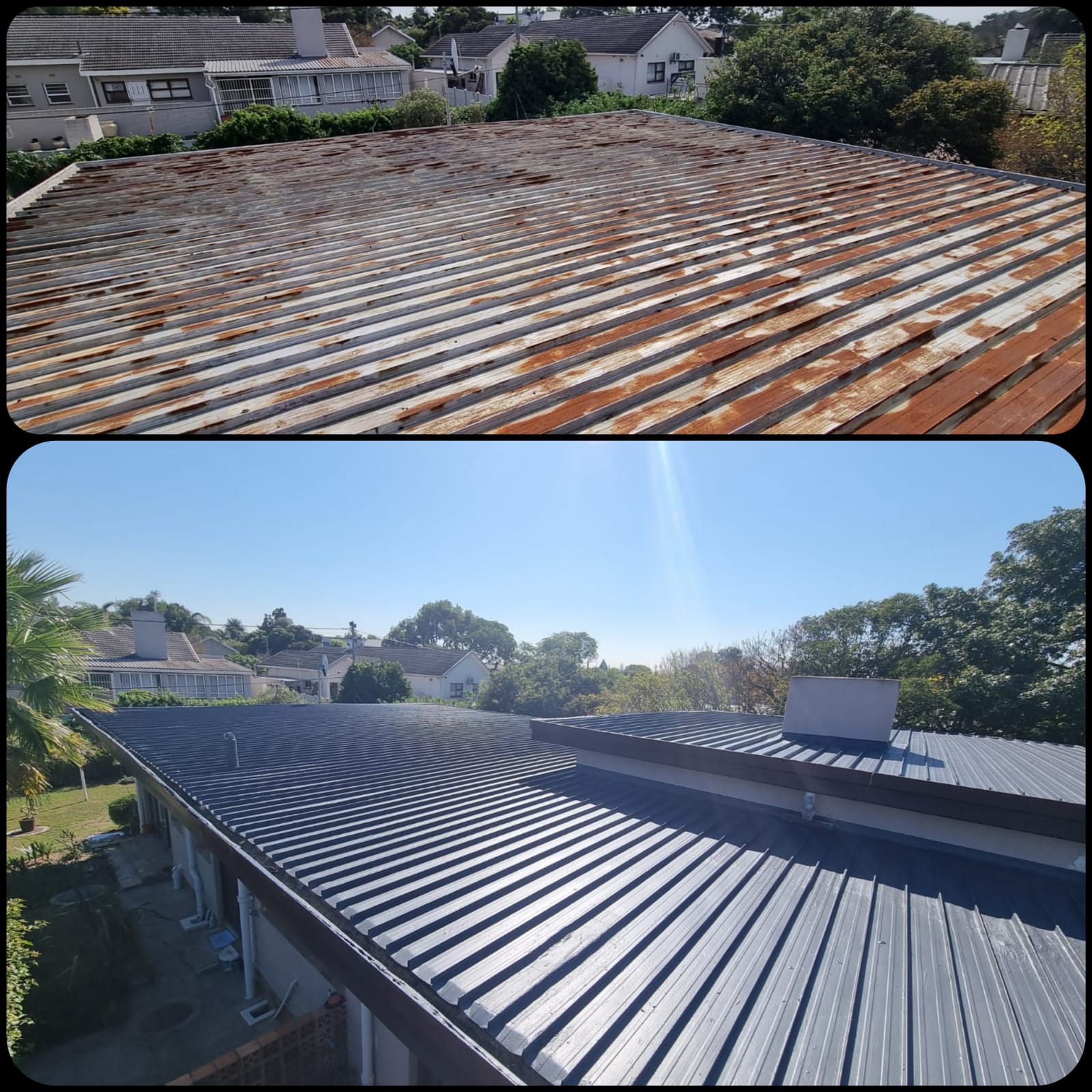 Rusted sheet roof before treatment and the same roof recoated in charcoal